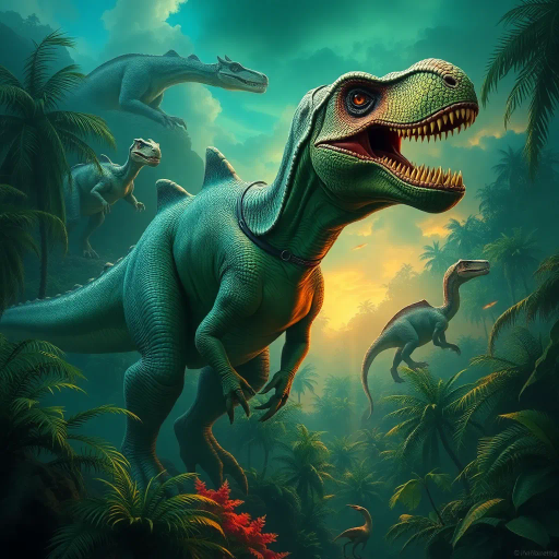 prehistoric creatures, majestic dinosaur, lush jungles, vivid emerald greens, dynamic poses, chiaroscuro lighting, mythical era, ethereal glow, intricate scales, surreal landscapes, movement and tension, timeless prehistoric panorama, Jules Verne influence, hyper-realistic textures, primordial ambiance, paleoart inspiration, vibrant life, dramatic skies, storytelling composition, atmospheric depth, earthy tones, grandeur and mysticism, visionary interpretation, immersive fantasy realms, dreamlike atmosphere, evocative narrative, painterly technique, harmonious balance, Ralph McQuarrie inspiration, otherworldly scenes, transformative experience
