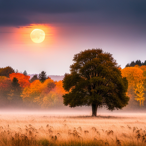 autumn, foliage, colors, golden hour, nature, landscape, impressionism, warm tones, atmospheric, tranquility, fall, season, harvest, harvest moon, misty, earthy, rustic, vibrant, cozy, nostalgic, picturesque, serenity, solitude, melancholy