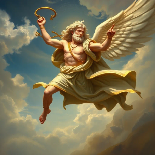 Hermes, Greek god, divine messenger, wings on sandals, caduceus, swift movement, dynamic pose, classical antiquity, mythological figure, spiritual journey, ethereal glow, lively expression, flowing robes, bronze sheen, golden highlights, celestial ambiance, divine radiance, Olympian grandeur, Renaissance elegance, masterful brushwork, majestic presence, fluid motion, wind-swept landscape, mythical essence, Homeric influence, Roman frescoes, Hermes Trismegistus, open sky, elevated perspective, spiritual transcendence, ancient mythology, artistic symbolism, celestial themes, elegant visual representation