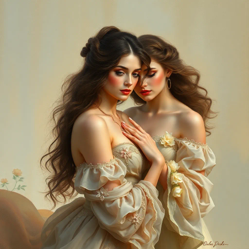 elegant femmes, graceful posture, intricate fashion, ethereal beauty, soft lighting, romantic era, impressionistic brushstrokes, pastel hues, delicate textures, feminine elegance, serene expressions, renaissance influences, flowing fabrics, atmospheric composition, refined aesthetics, timeless allure, enchanting aura, subtle movement, classical themes, Claude Monet, Edgar Degas, Raphael, chiaroscuro, delicate pastels, harmonious balance, historical richness, fine detail, luminous glow, cultural grace, narrative depth, portraiture, emotive grace, evocative ambiance