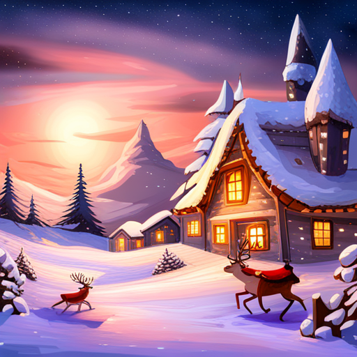 reindeer, santa, delivering presents, winter, holiday, magical, flying, sleigh, chimney, snowy landscape, festive, joy, gift-giving, red-nosed, Rudolph, Santa Claus, jolly, elves, workshop, snowflakes, starry night, Christmas fantasy-art