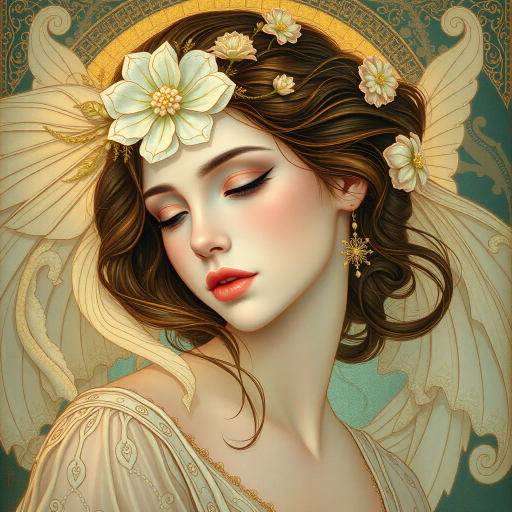 ethereal maiden, surreal ambiance, ethereal glow, delicate features, romanticism, art nouveau, vibrant pastels, luminescent lighting, whimsical dreamscape, serene expression, flowing gown, intricate lace patterns, Gabriel Rossetti, lush landscapes, transcendental aura, harmonious composition, enchanted forest, soft brushstrokes, timeless elegance, ethereal presence