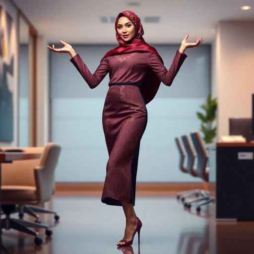 elegant Arab woman, professional attire, modern workplace, high heels, Middle Eastern influence, contemporary art style, intricate patterns, vibrant color palette, soft ambient lighting, cultural expression, dynamic posing, delicate textiles, confidence, empowerment, sophistication, grace, diverse cultural representation, cultural fusion, impressionism influences, human form depiction, balance and harmony, dynamic office environment, elegance, poise, detailed craftwork, modernism, cultural narrative, harmonious composition, vibrant textures