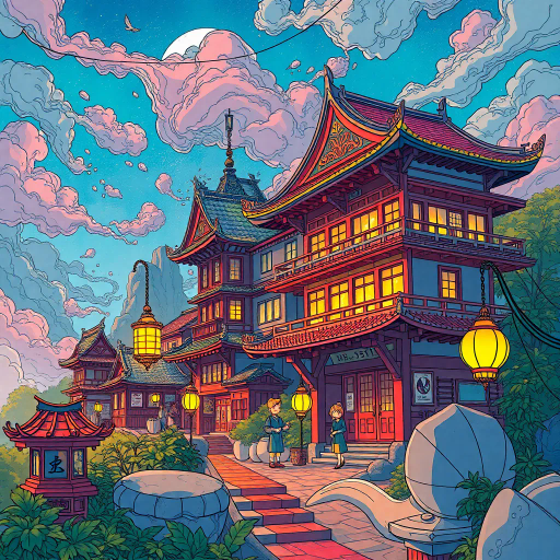 vibrant colors, dynamic composition, Studio Ghibli inspiration, detailed environments, expressive character designs, emotional depth, fantastical themes, cultural motifs, fluid motion, nostalgic atmosphere, distinctive line art, otherworldly settings, intricate detailing, magical realism, retro-futuristic elements, storytelling focus, character-driven narrative, visual storytelling, imaginative landscapes, enchanting creatures