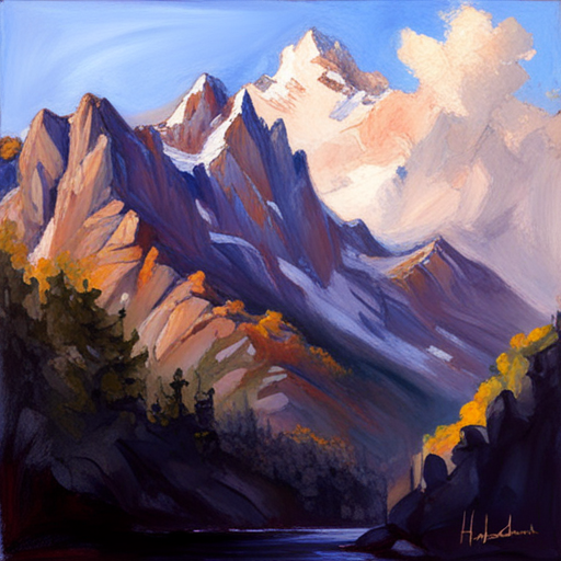 majestic peaks, rugged terrain, atmospheric perspective, muted colors, Impressionism, Hudson River School, light and shadow, texture, acrylic paint, naturalism, serenity, grandeur, scale, plein air, rocky outcroppings, dramatic sky, asymmetry, depth, soft brushstrokes, tranquility, landscape-painting