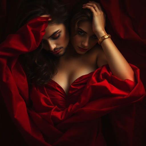 seductive allure, vibrant colors, ethereal lighting, Art Nouveau influence, dramatic curves, soft textures, sensuality, Gustav Klimt inspiration, flowing forms, luxurious detail, romantic mood, intimate ambiance, chiaroscuro, expressive movement, visual poetry, surreal elements, captivating gaze, rich fabric, elegant composition, timeless appeal, fluid lines, emotional depth