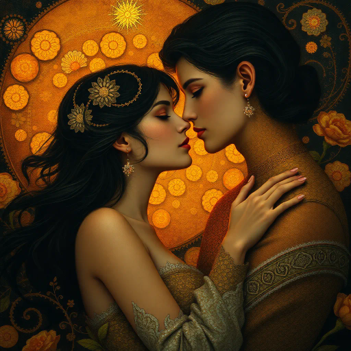 surreal romance, ethereal beauty, evocative passion, Gustav Klimt, Art Nouveau, renaissance influence, vivid chiaroscuro, warm golden hues, intricate patterns, delicate textures, intimate atmosphere, flowing forms, dreamy ambiance, allegorical symbolism, elegant curves, soft focus, lush environments, enchanting allure, compelling emotion, mysterious undertones, gentle movement, timeless elegance, lavish details, emotional depth, intimate composition, atmospheric ambiance, baroque elegance, fluid forms, warm tones, impressionist touch, captivating gaze, passionate mood, gentle brushstrokes, dreamlike quality, poetic intimacy