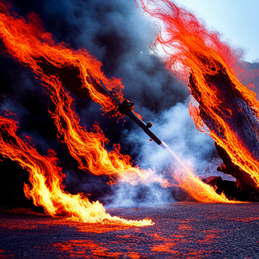 A raging inferno, mythical phoenix, flames licking at the sky, heat waves, burned landscapes, molten metals, fiery passion, scorching rays, red and orange hues, combustion, smoke and ash, fire dancers, fire breathers, pyrotechnics, hellfire, fire demons, lava flows, charred remains