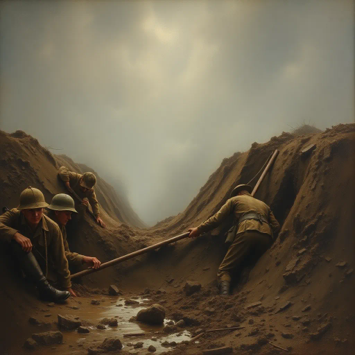 World War I soldiers, hiding, muddy shell hole, mud, trench warfare, dramatic lighting, somber mood, detailed textures, rain-soaked, earth tones, devastation, James McNeill Whistler influence, realism, historical accuracy, period uniforms, earth and grime, tension, fear, close-up perspective, battle scene, immersive atmosphere, Claude Monet's brushwork, contrasting shadows, dark clouds, gritty realism, survival, human struggle, war-torn landscape, muted colors, emotional depth, chiaroscuro, historical narrative, defined lines, Henri Rousseau's surrealism