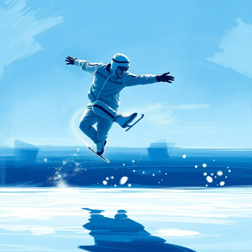 elegance in motion, winter skater, olympic spirit, crystalline ice, dynamic fluidity, ethereal grace, hyper-detailed, blue and silver hues, sparkling frost, dramatic lighting, Edgar Degas influence, elegant choreography, sportsmanship, athletic poise, icy textures, frozen landscape, sweeping panoramas, high speed motion, intricate costumes, reflective surfaces, celebratory atmosphere, geometric patterns, seamless flow, cultural celebration, human form, sleek lines, emotive expressions, giant scale, grand spectacle, movement in silence, abstract impressions