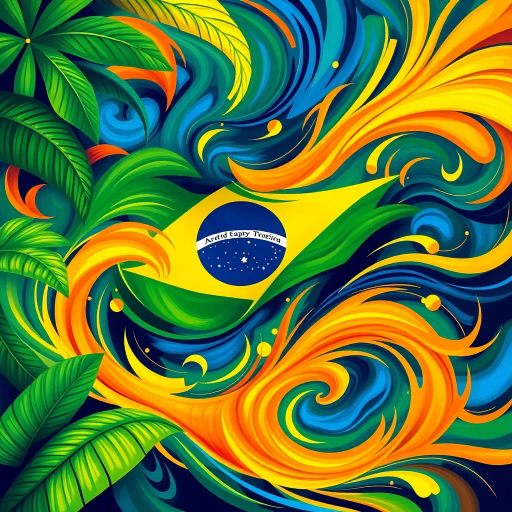 vibrant colors, swirling movement, tropical allure, Brazilian flag, geometric precision, cultural celebration, Carnival inspiration, abstract shapes, bold contrast, energetic flow, Rio de Janeiro, lush greens, radiant yellows, deep blues, chromatic harmony, festive spirit, national pride, rhythmic patterns, dynamic composition, joyful exuberance, modern interpretation