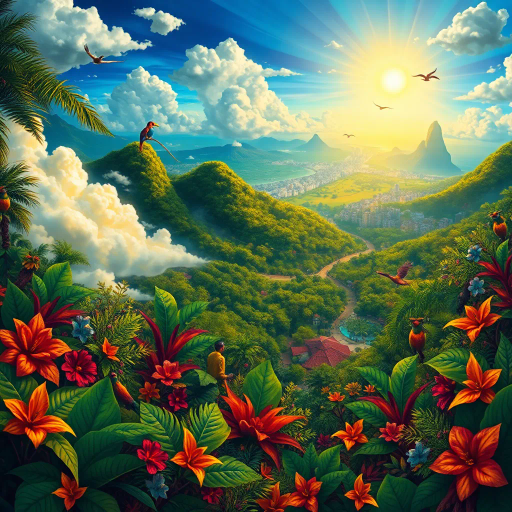 vivid rainforests, carnival atmosphere, vibrant colors, intricate details, lush foliage, rich cultural heritage, magical realism, Brazilian landscape, surreal clouds, tropical wildlife, Henri Rousseau influence, rhythmic movement, radiant sunlight, festive mood, intricate patterns, exotic birds, mythical elements, celebratory spirit, tropical flora, samba rhythm, enchanting scenery, sprawling cityscapes, Rio Carnival celebration, modernist architecture, cultural fusion, vibrant street art, warm sunlight, Copacabana beach, panoramic views, rich biodiversity, Botero-inspired figures, expressive brushstrokes, Amazon River, exuberant colors, Carmen Miranda, dynamic samba dancers, Jorge Selarón, indigenous art, Afro-Brazilian heritage, vibrant street scenes, bold compositions, fluid movement, warmth and energy, sunlit landscapes, urban diversity, festive atmosphere, Carmen Miranda, surrealism, tropical hues, rhythmic energy, lively street scenes, atmospheric perspective, detailed textures, cultural diversity, spirited festivities, complex compositions, whimsical elements, bold palettes, mystical atmosphere, fantastical landscapes, tropical flora and fauna