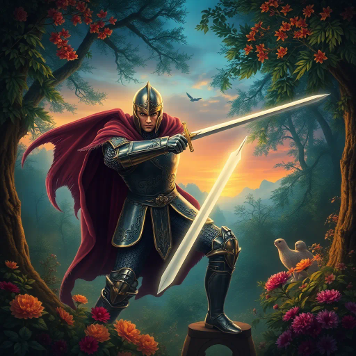 mythical knight, sword drawn, enchanted forest, vibrant foliage, dusk lighting, dynamic pose, Arthurian legend, realm of magic, ethereal glow, rich textures, romanticism, epic scale, mystical creatures, delicate details, heroic atmosphere, shimmering armor, surreal landscape, allegorical journey, renaissance influence, narrative depth