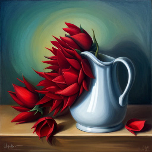 romanticism, still-life, delicate, petals, thorns, emotional symbolism, warm lighting, chiaroscuro, oil painting, impressionism, fragility, beauty, red, life cycle, nature, art nouveau