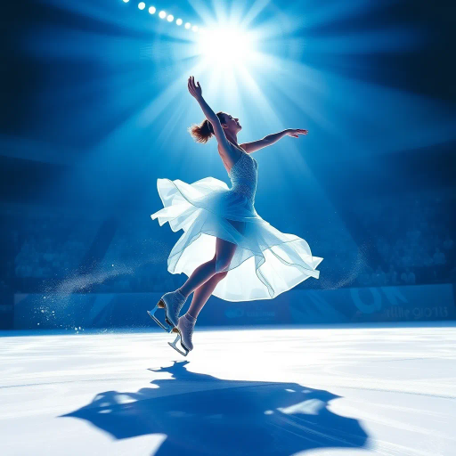 olympic figure skating contestant, elegance, dynamic motion, flowing lines, Yves Klein blue, luminous background, cheering crowd, graceful movement, ethereal light, contemporary performance, choreographic artistry, capturing momentum, spotlight effect, delicate balance, emotional expression, intricate costume design, fluidity, modern sports, vibrant energy, Horst P. Horst influence, majestic presence, dynamic composition, kinetic energy, captivating spectators, abstract light trails, immersive atmosphere, symbolic representation of sport, high contrast, sleek textures, impressionistic brushwork