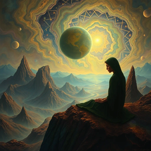 introspective contemplation, surreal landscapes, ethereal lighting, Salvador Dali influence, mystical aura, dreamlike quality, vivid imagination, flowing forms, cosmic scale, meditative mood, intricate patterns, celestial elements, timeless essence, rich textures, harmonious colors, vast space, transcendental symbolism, imaginative introspection, lush detail, visionary dreamscapes