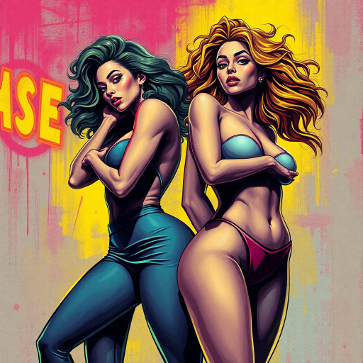 powerful women, dynamic poses, exaggerated curves, vibrant expression, contemporary art, pop culture, vibrant colors, bold outlines, emotional depth, playful mood, street art influences, abstract elements, fluid movement, provocative symbolism, contemporary social commentary, layered textures, harmony and contrast, soft focus, neon highlights, urban backdrop, modern femininity