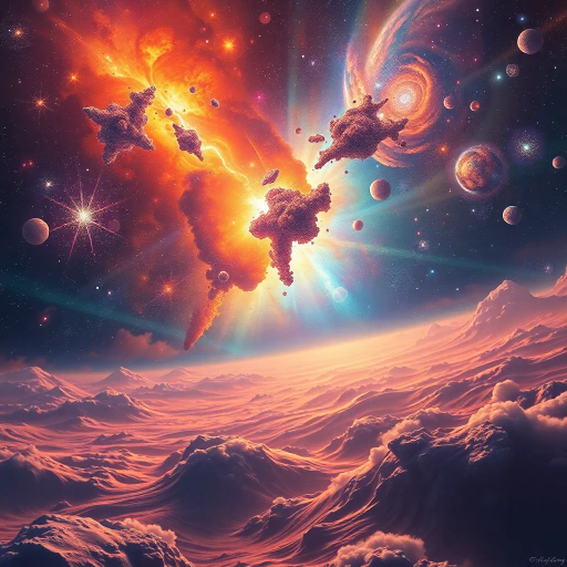 cosmic vistas, celestial landscapes, futuristic, vibrant nebulas, star clusters, vast galaxies, ethereal light, Hubble-inspired, vibrant color palettes, science fiction, surreal horizons, distant planets, cosmic dust, expansive space, swirling shapes, dynamic movement, deep space exploration, imaginative worlds, interstellar travel, otherworldly, surrealism, space-time continuum, vastness, galactic elegance, digital-art, abstract expressionism, Salvador Dalí, cosmic realism, luminescent aura, spectral light, astral phenomena, transcendent experience, cosmic symmetry, infinite expanse, universe tapestry, kaleidoscopic vision, outer dimensions, art cosmos, intergalactic serenity, time-bending realms, Einsteinian influences, cosmic intricacies