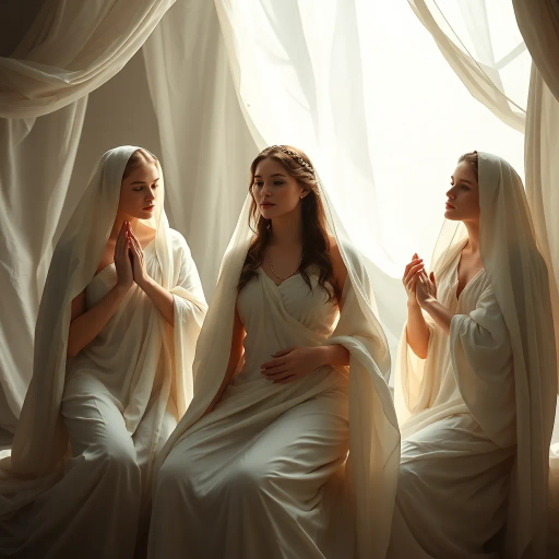 Vestal virgins, ethereal elegance, classical Roman era, Baroque influences, dramatic lighting, serene expressions, spiritual symbolism, flowing drapery, muted pastels, mystical ambiance, harmonious composition, soft textures, divine sanctuary, sacred rituals, historical narrative, renaissance inspiration, ornate detailing, ancient mythology, transcendental harmony, otherworldly grace