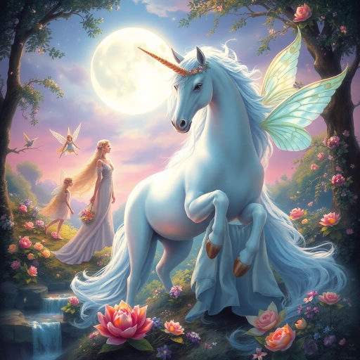 mythical unicorn, enchanting fairies, regal princess, ethereal glow, soft pastels, dreamlike landscape, intricate detail, romanticism, whimsical essence, magical realism, baroque influences, delicate brushstrokes, shimmering textures, enchanted forest, twilight ambiance, ethereal beauty, imaginative composition, vibrant flora, surreal atmosphere, celestial light, fairytale dimension, mythical creatures, gentle aura, serene emotion, opulent attire, mystical symbolism, fantasy narrative, unicorn, luminous glow, vibrant pastel colors, whimsical landscapes, dreamlike, romantic, soft brush strokes, luminescent wings, flowing gowns, stardust, Arthur Rackham, moonlit scenery, shimmering waterfalls, storybook charm, celestial aura, timeless fantasy, iridescent tones, enchanting realm, mystical ambiance