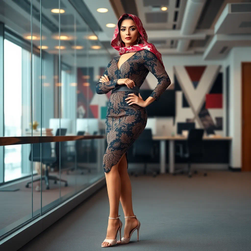 elegant Arab woman, professional attire, modern workplace, high heels, Middle Eastern influence, contemporary art style, intricate patterns, vibrant color palette, soft ambient lighting, cultural expression, dynamic posing, delicate textiles, confidence, empowerment, sophistication, grace, diverse cultural representation, cultural fusion, impressionism influences, human form depiction, balance and harmony, dynamic office environment, elegance, poise, detailed craftwork, modernism, cultural narrative, harmonious composition, vibrant textures