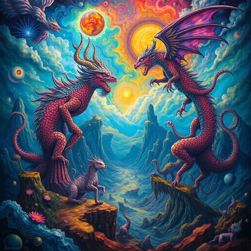 surrealism, imaginative, vibrant colors, dynamic forms, mythical creatures, expansive landscapes, intricate patterns, storytelling, cultural mythologies, dreamlike sequences, dramatic lighting, flowing movement, symbolic elements, visionary art, ethereal atmosphere, poetic expressions, magical realism, mythical narratives, legendary figures, allegorical themes