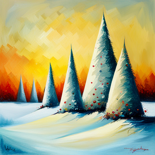 four Christmas tree, white background, textured canvas, oil painting, vintage