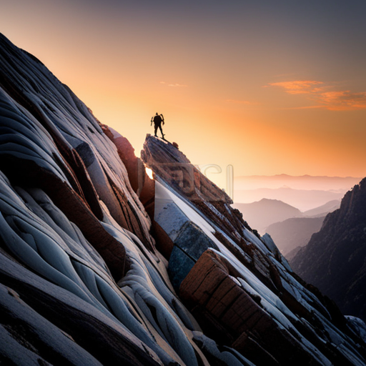 Courageous mountain climbers scaling steep rocky peaks, battling harsh weather and extreme conditions amidst the serene yet forbidding craggy landscape below, captured in an adrenaline-fueled action shot with dynamic angles and contrasting lighting that showcase the dramatic textures and colors of the rugged terrain