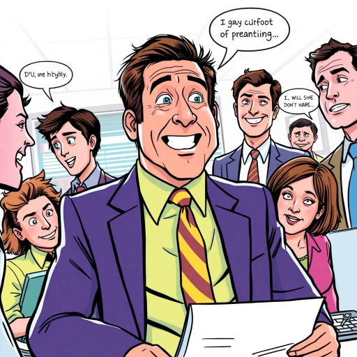 Michael Scott, vibrant colors, humorous expression, dynamic composition, satirical tone, sketch-like outlines, exaggerated features, playful mood, vibrant palette, pop art style, witty dialogue, tv sitcom influences, The Office, ensemble cast, mockumentary style, quirky everyday life, character dynamics, cultural phenomenon, Steve Carell, Dunder Mifflin, Scranton, Pennsylvania, office antics, relatable humor, expressive line work, narrative humor, dynamic poses, iconic moments, lighthearted ambiance, expressive line work, sequential art story, americana, interaction, narrative humor, iconic moments, lighthearted ambiance, comedic timing, cartoonish exaggeration, character-centric atmosphere, vibrant personalities, pop culture references, satirical humor, Steve Carell influences, Jim Halpert, Pam Beesly, Dwight Schrute, workplace comedy, speech bubbles, narrative humor