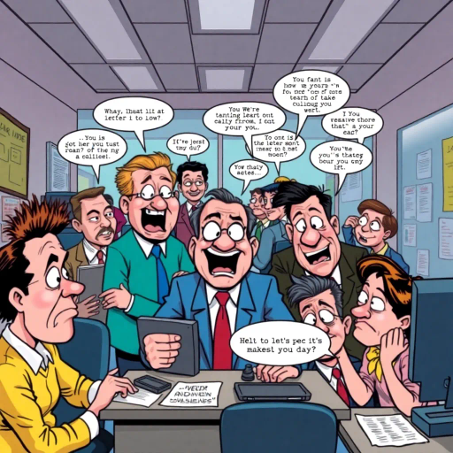 satirical workplace comedy, surreal humor, ensemble cast, bureaucratic chaos, 21st century pop culture, vibrant color palette, exaggerated expressions, dynamic panels, Roy Lichtenstein influences, witty dialogue, mundane office setting, everyday absurdities, overlapping story arcs, exaggerated caricatures, visual puns, contemporary Americana, awkward social interactions, humorous banter, slapstick elements, narrative vignettes, satirical undertones