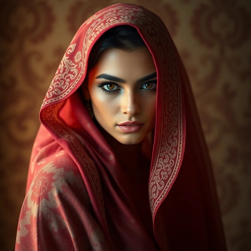 sensual, Middle Eastern beauty, elegant allure, intricate patterns, soft lighting, vibrant colors, shimmering textures, contemporary fashion, cultural richness, subtle elegance, fluid movement, seductive gaze, warm tones, fine details, artistic portrayal, intimate setting, luxurious fabrics, exotic ambiance, organic forms, delicate curves, dynamic expression, modern chic, visual poetry, artistic expression, symbolic representation, neo-oriental influence