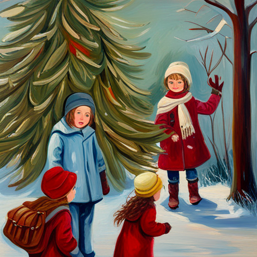 Winter Children, Christmas Tree Painting, vintage oil on canvas painting, impression, artist name, brushwork, light and shadow, color palette, texture, soft edges, capturing a fleeting moment, atmospheric perspective, tonal values, loose application of paint, post-Impressionism, nostalgic, winter landscape, snow-covered branches, joyful atmosphere, holiday season, 19th century, Impressionist movement, childhood memories, vibrant colors, thick impasto, capturing the essence of the scene, blurred edges, natural lighting, gestural strokes, plein air, emotional response, texture of brushstrokes, serene mood, frozen pond, snow-capped mountains, distant village, tranquility, frozen air, soft and dreamy atmosphere, capturing the fleeting beauty of winter, cozy and intimate composition, dream-like quality, evoking emotions, storytelling through imagery, hidden symbolism, capturing the playfulness of children, gentle and harmonious brushwork, art as a form of expression, capturing the essence of a time period, evoking a sense of nostalgia, capturing the magic of the holiday season, creating a sense of wonder and joy