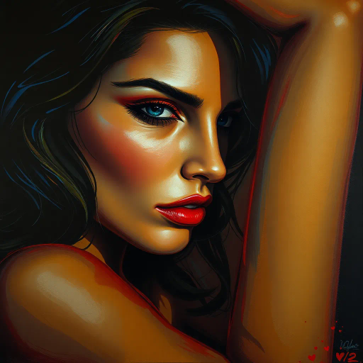 provocative allure, sensual curves, chiaroscuro lighting, sultry elegance, contemporary allure, vivid color palette, fluid lines, glossy textures, subtle shading, intimately framed, feminine mystique, emotional intensity, captivating gaze, erogenous depiction, artistic sensuality, Marc Chagall influences, modern expressionism, dramatic appeal, dynamic composition, romantic essence, visual seduction, expressive brushwork, atmospheric depth, seductive narrative, bold strokes, intimate emotions