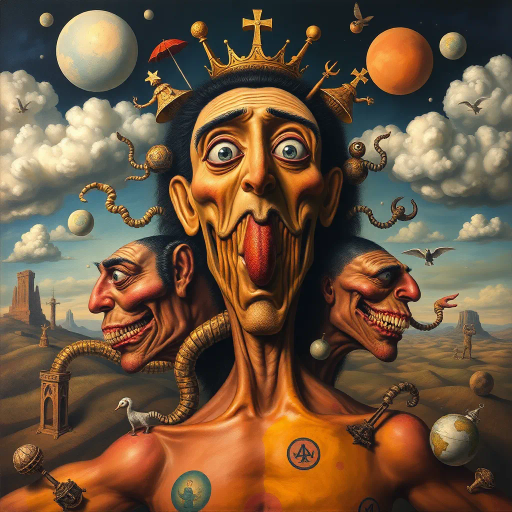 surrealism, exaggerated anatomy, symbolism, bold expressions, intricate patterns, avant-garde, Salvador Dalí, fantasy elements, vibrant colors, surrealist dreamscapes, emotional intensity, dynamic composition, playful rebellion, narrative depth, mythological undertones, contemporary interpretation, visual storytelling, cultural commentary, dramatic lighting, whimsical forms, imaginative exploration, boundary-pushing art