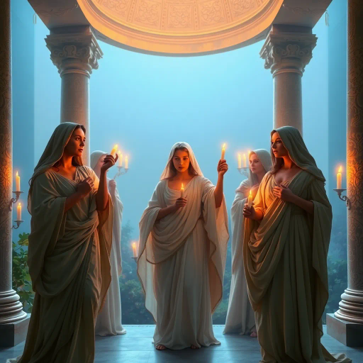 ancient Rome, Vestal Virgins, mystical rites, ethereal aura, Claude Lorrain, Baroque lighting, serene expression, flowing robes, classical architecture, spiritual symbolism, candlelight ambiance, soft pastels, timeless beauty, sacred ritual, historical drama, elevated perspective, cultural reverence, harmonious composition, divine femininity, intricate patterns, aura of mystery, allegorical themes, tranquil garden, immaculate purity