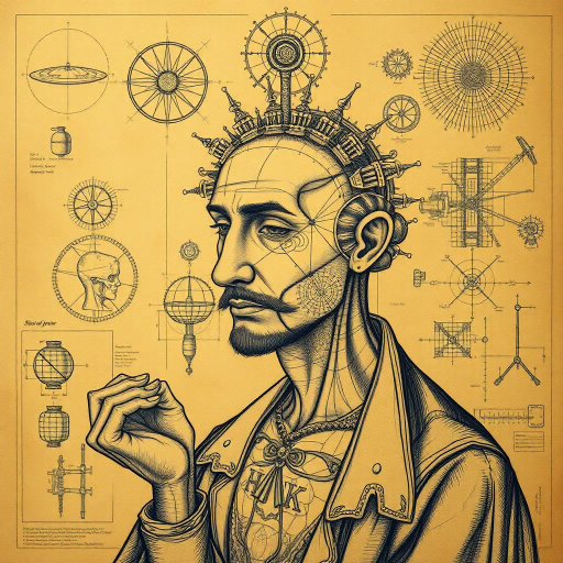 renaissance genius, masterful invention, inventive polymath, intricate sketches, elegant diagrams, rich sepia tones, imaginative schematics, chiaroscuro lighting, human anatomical studies, visionary designs, cultural fusion, scientific artistry, profound intellect, sfumato effect, illustrious dreams, mechanical drawings, timeless innovation, creative vision, detailed blueprints, artistic mastery