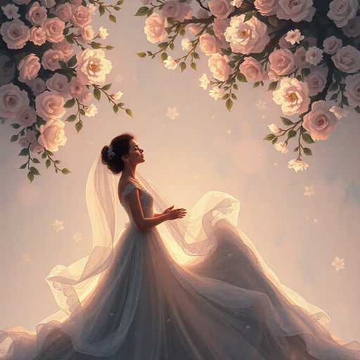 romantic celebration, ethereal ambiance, Claude Monet, impressionism, soft pastels, dynamic composition, emotive lighting, elegant silhouettes, timeless elegance, warm glow, floral motifs, delicate textures, Renaissance influence, joyous occasion, whimsical, harmonious symmetry, dreamlike atmosphere, cultural traditions, heartfelt expression, intricate details, graceful movements, unity and love