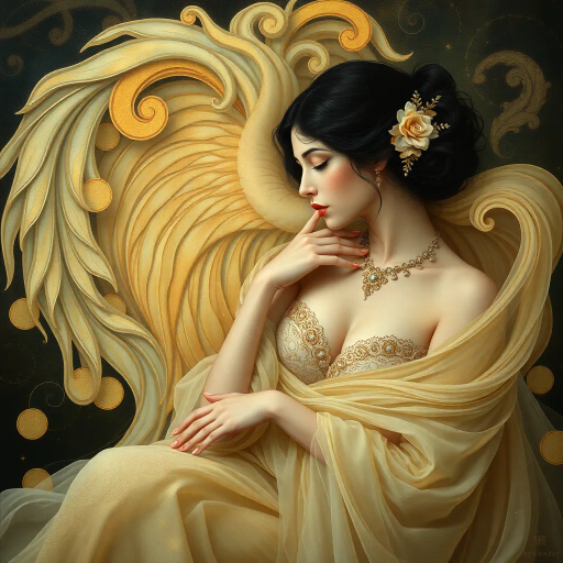 surreal, ethereal, timeless elegance, Gustav Klimt, Art Nouveau, flowing curves, soft lighting, pastel hues, Renaissance, delicate textures, elegant composition, dreamlike atmosphere, symbolic, feminine grace, chiaroscuro, intimate setting, sensuality, muted tones, baroque influences, detailed, emotional depth, harmonious balance, ornate embellishments, idyllic scene, captivating presence