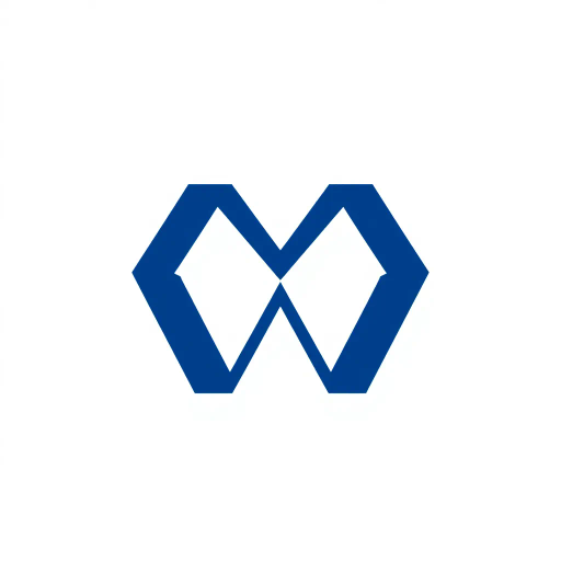 minimal M logo, perspective convergence, depth, hierarchy, solid indigo blue, geometric, modern tech design, flat vector, white background, Bauhaus influences, clean lines, symmetry, contemporary aesthetics, spatial innovation, futurism, precision, abstraction, innovative branding, structural elegance