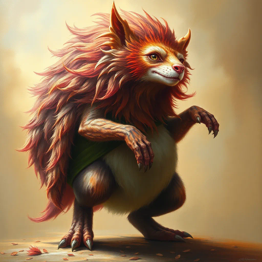 anthropomorphic creature, voluptuous form, vibrant fur, ethereal lighting, Baroque influences, surreal composition, warm hues, detailed textures, oil painting technique, whimsical subject, playful mood, dynamic pose, cultural fantasy elements, large scale, organic forms, soft line quality, fantasy symbolism, dreamlike space, Renaissance era touches, intricate detail, imaginative presentation, fantastical storytelling, mythological themes, vivid color palette, harmonious balance, enchanting aura