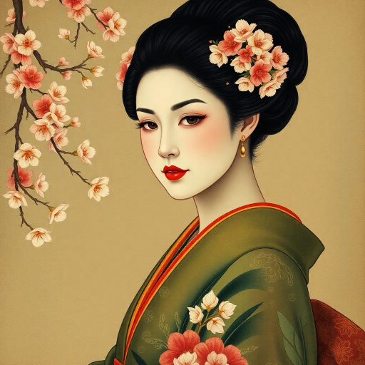 elegant Japanese woman, Katsushika Hokusai influence, Edo period, vibrant kimono, cherry blossom motif, serene expression, intricate hairpins, Ukiyo-e style, soft brushstrokes, delicate texture, harmonious color palette, cultural grace, traditional makeup, gentle pose, atmospheric background, subdued lighting, intimate composition, artistic elegance, tranquil mood, timeless beauty