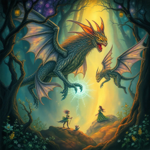 mythical creatures, enchanted forest, glowing ethereal light, intricate details, vibrant colors, magical realism, J.R.R. Tolkien influence, surreal landscapes, dreamlike atmosphere, whimsical elements, Baroque art influence, dynamic composition, ornate textures, mystical symbols, Arthurian legends, imaginative storytelling, celestial motifs, magical aura, otherworldly beauty, grand scale, immersive environment, enchanted castle, romanticism, allegorical themes, luminous glow, fine brushwork, visionary art