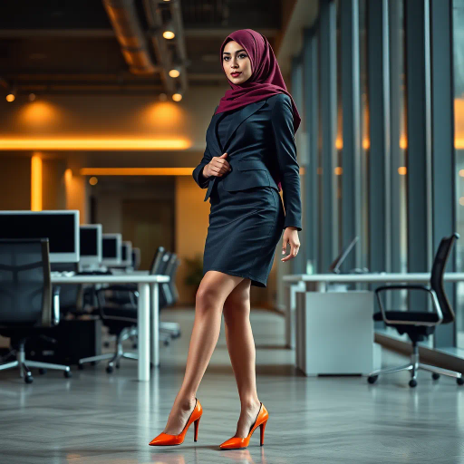 elegant Arab woman, contemporary fashion, hijab, professional attire, modern workplace, high heels, Middle Eastern influence, vibrant colors, soft ambient lighting, dynamic posing, cultural expression, delicate textiles, confident and empowering presence, sophisticated grace, diverse cultural representation, fusion of modern and traditional elements, cultural fusion, empowerment and poise, Impressionism influences, Gustav Klimt inspiration, Art Nouveau elegance, intricate patterns, intricate detailing, vibrant color palette, symbolic attire, office environment, balance and harmony, dynamic composition, surreal lighting, cultural narrative, refined textures, bold symbolism, artistic influences, multicultural dialogue, striking balance, expressive realism, innovative representation, unique fashion, delicate balance, harmonious color palette