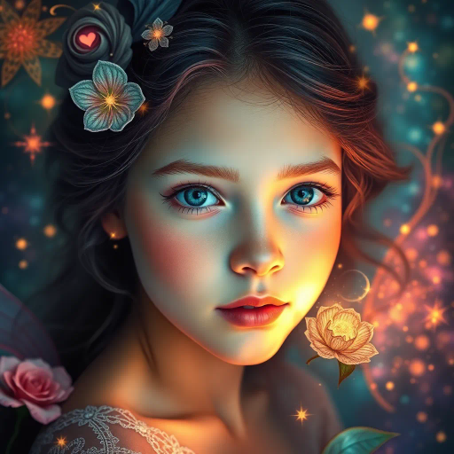 ethereal beauty, youthful radiance, vibrant colors, luminescent glow, surreal backdrop, intricate details, whimsical composition, enchanting atmosphere, delicate textures, dreamlike fantasy, Raphael-esque elegance, soft light, enigma and allure, harmonious flow, celestial elements, Art Nouveau influences, fairy-tale whimsy, mystical ambiance, tender expressions, captivating gaze