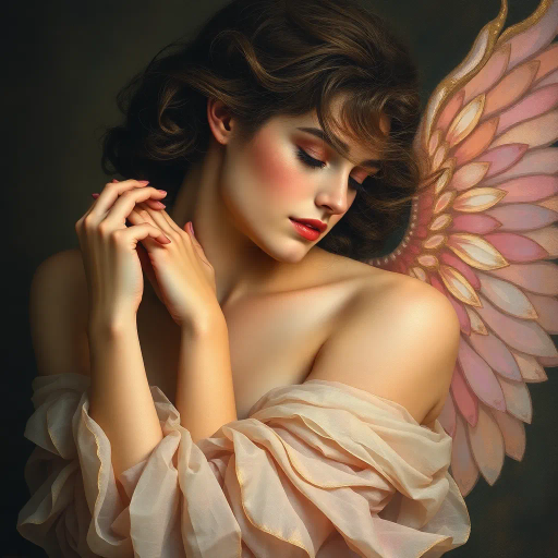 ethereal beauty, renaissance inspiration, dramatic lighting, chiaroscuro, delicate form, impressionistic touches, Gustav Klimt, soft pastels, flowing lines, timeless elegance, Art Nouveau influence, subtle textures, harmonious composition, emotional depth, sensual grace, intricate detail, dreamlike atmosphere, serene expression, gentle movement, classic pose