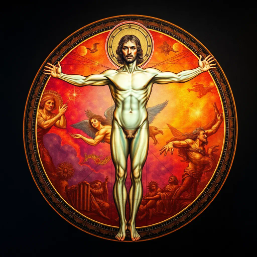 Leonardo da Vinci, Vitruvian Man, surrealism, intricate details, chiaroscuro, renaissance influences, vibrant color palette, geometric harmony, anatomical precision, ethereal lighting, metaphorical elements, dynamic symmetry, imaginative form, timeless elegance, artistic genius, cultural rebirth, intense focus, detailed textures, mystical aura, transformational imagery, expressive linework, captivating composition, historical context