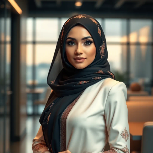 elegant Arab woman, professional attire, modern workplace, high heels, Middle Eastern influence, contemporary art style, intricate patterns, vibrant color palette, soft ambient lighting, cultural expression, dynamic posing, delicate textiles, confidence, empowerment, sophistication, grace, diverse cultural representation, cultural fusion, impressionism influences, human form depiction, balance and harmony, dynamic office environment, elegance, poise, detailed craftwork, modernism, cultural narrative, harmonious composition, vibrant textures