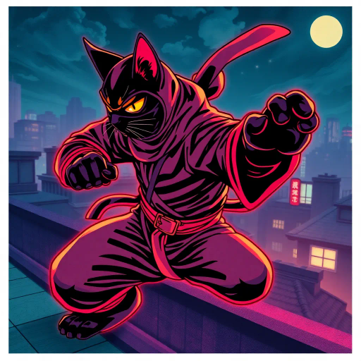 mystical ninja, agile feline, dynamic motion, fluid lines, vibrant colors, stealthy figure, dramatic lighting, Japanese influence, graphic novel, bold contours, kinetic energy, shadow play, martial arts, Ukiyo-e inspiration, urban backdrop, heroic pose, imaginative storytelling, intense expression, cultural mythology, comic strip style