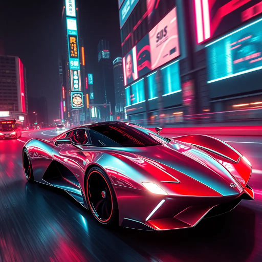 futuristic car design, sleek lines, chrome finish, vibrant neon highlights, dramatic lighting, dynamic movement, aerodynamic shape, retro-futurism, precision engineering, urban environment, concept art, high-tech materials, hyper-realistic detailing, modern aesthetics, speed and agility, metallic textures, ambient atmosphere, avant-garde composition, illuminated cityscape, art deco influences