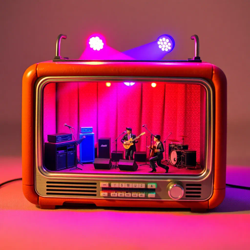 vintage radio, miniature concert scene, performing band, stage performance, vibrant spotlights, pink blue purple lighting, retro-futurism, surreal composition, mid-century design, nostalgic vibe, neon glow, dynamic movement, artistic expression, framed scene, intricate details, cultural resonance, lively atmosphere, textured materials, symbolic presentation, whimsical imagination, immersive experience, hybrid technology, juxtaposition, nostalgic era, animated storytelling, visual spectacle, ambient energy